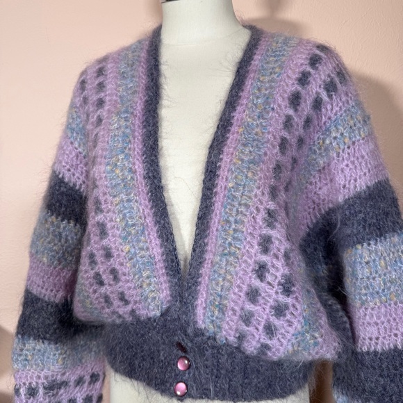 Vintage Sweaters - Hold  Mohair wool grandmacore Lavender Grey Crochet Ireland Cardigan Sweater